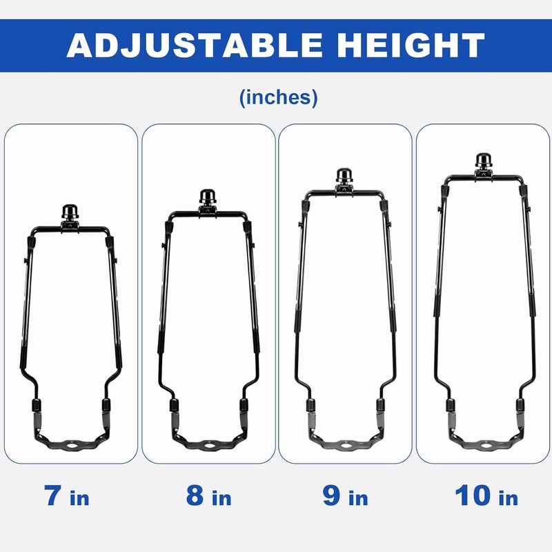 OMOBANU Lamp Shade Harp Holder Kits Adjustable 7" 8" 9" 10" fit for Standard 1/8 IP, E14, E26, E27 Lamp Harp Saddle with Lamps Finials, Screwdriver, Metal Lampshade Bracket Decorative Accessories - Black - Image 2